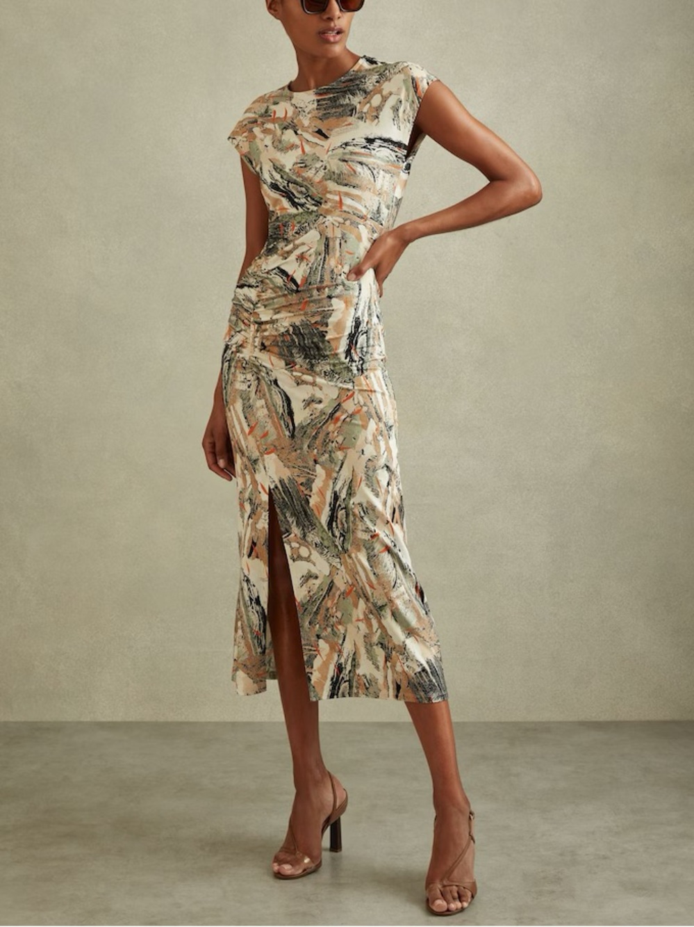 REISS Bodycon Dress Large Lennia Multi Printed Jersey Midi Slit